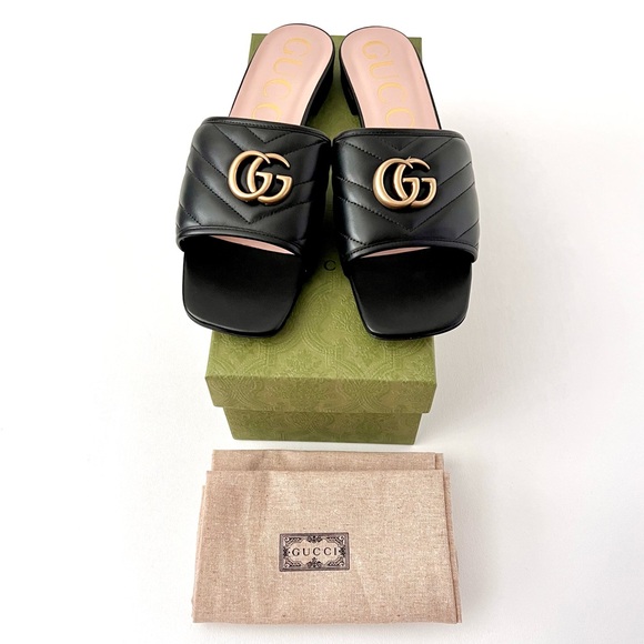 GUCCI | Marmont GG Jolie Matelasse Quilted Black Leather Low Heel Slides Sandals - Picture 2 of 14